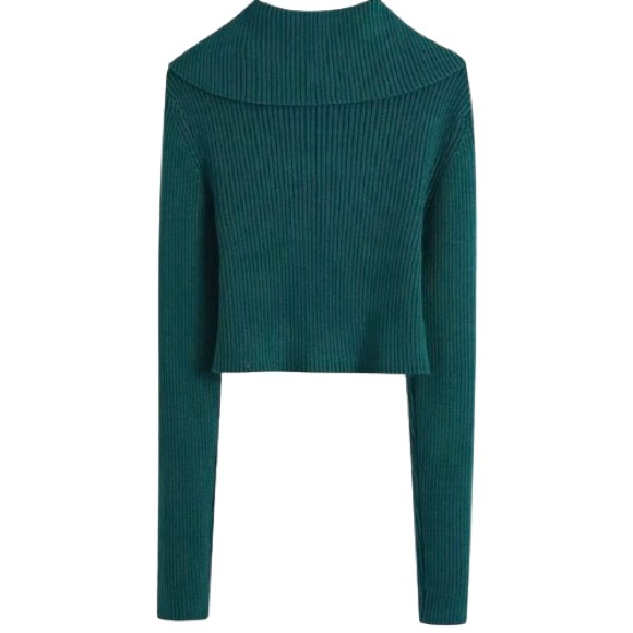 Zara-Lapel Solid Ribbed Knitwear Cropped Sweater - Picture 4 of 9
